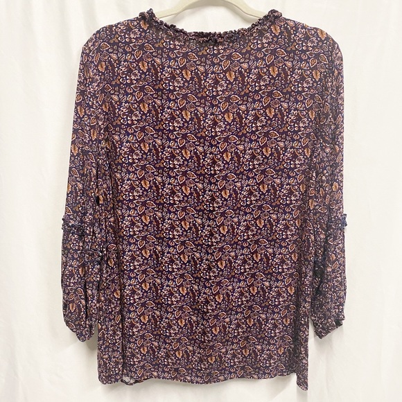 Bobeau Navy & Brown Boho Ditsy Floral V-neck Tassel Blouse - Picture 4 of 9